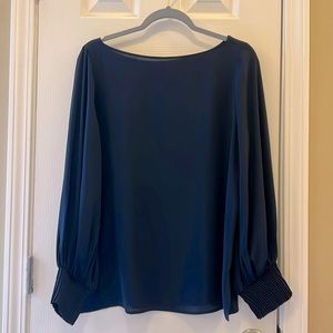 Navy Blue Sheer Ann Taylor polyester Blouse. Very cute pleated cuff. Gently worn